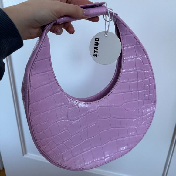 NWT Staud Top Handle Moon Bag In Lilac Croco Embossed Leather Crescent Shape - Picture 7 of 9